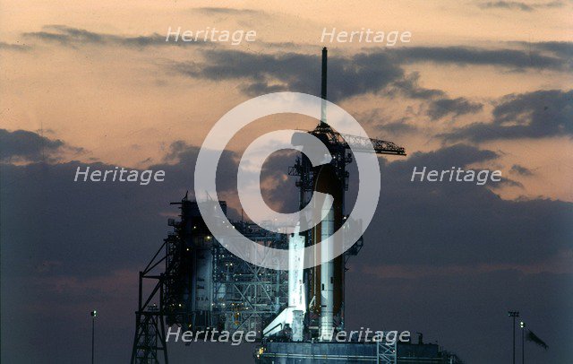 Space Shuttle on launch pad, Kennedy Space Center, Merritt Island, Florida, USA, 1980s.  Creator: NASA.