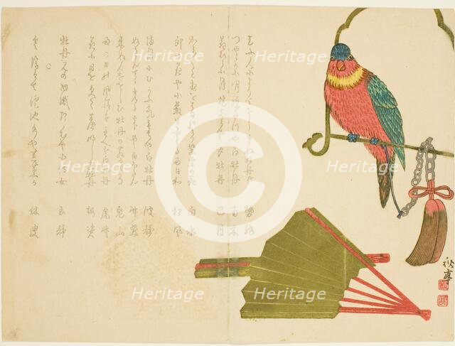 Parrot and Fans, 19th century. Creator: Tanaka Shutei.
