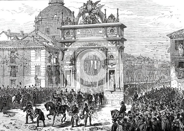 Entry of Alfonso XII. Into Madrid: Triumphal Arch in the Calle de Alcala, 1876. Creator: Unknown.