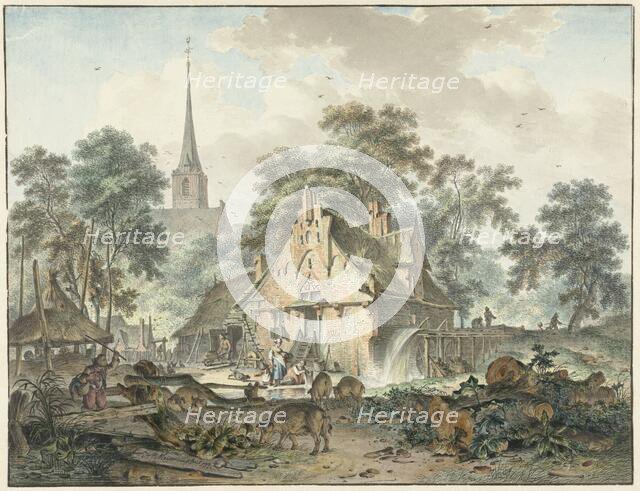 Water mill and village church, 1777. Creator: Hendrik Meijer.