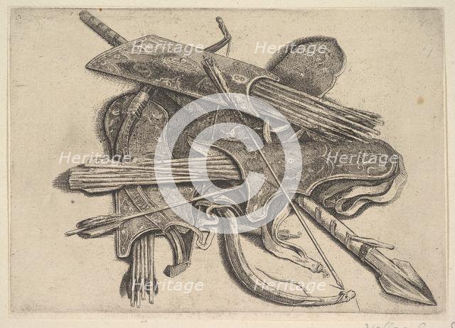 Bows, quivers and a spear, 1625-77. Creator: Wenceslaus Hollar.