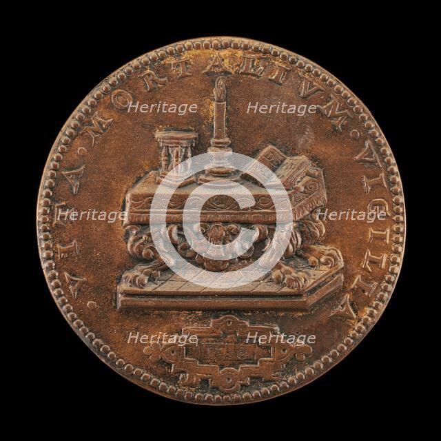 Candle, Hourglass, and Book on a Table [reverse], 1568. Creator: Jacques Jonghelinck.