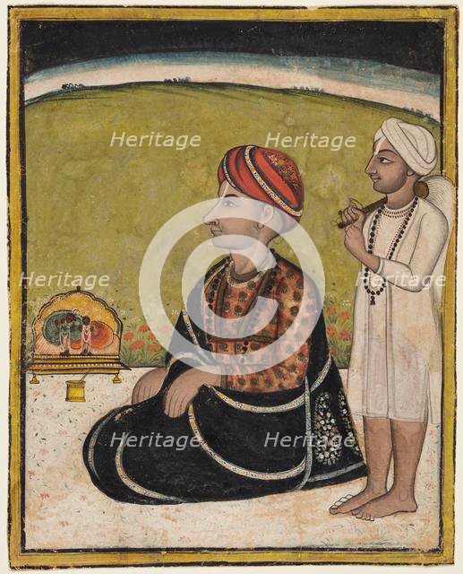 Noble seated on an outdoor parapet worshiping a shrine of Krishna fluting, c. 1800. Creator: Unknown.