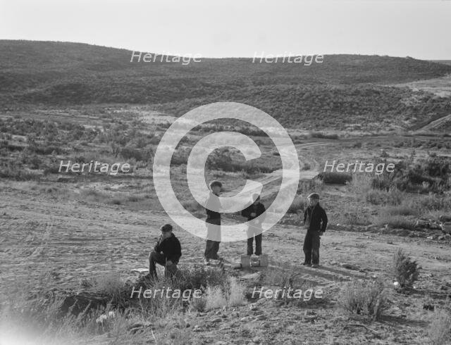 Boys wait for school bus in the morning, Malheur County, Oregon, 1939. Creator: Dorothea Lange.