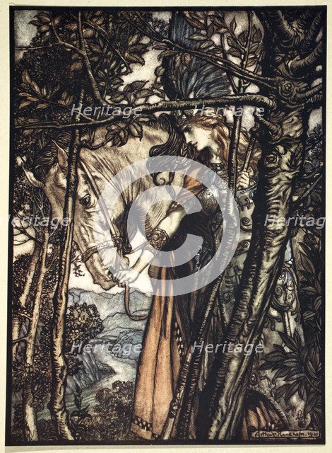 'Brunnhilde slowly and silently leads her horse down the path to the cave', 1910.  Artist: Arthur Rackham