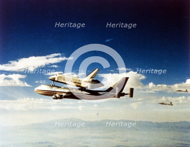 First Space Shuttle flight, 'Columbia' parting from carrier aircraft, April 1981. Creator: NASA.
