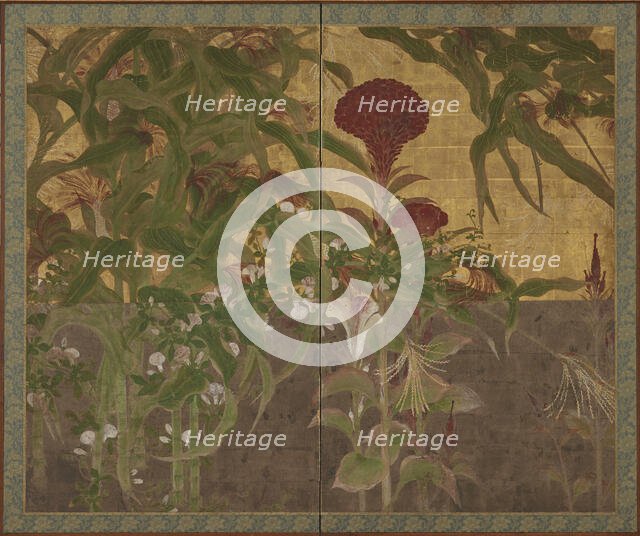Coxcombs, maize and morning glories, Momoyama period, 17th century. Creator: Unknown.