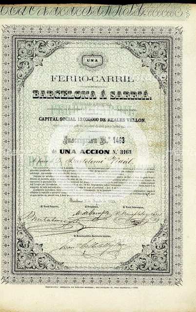 100 Pesos share from the Ferrocarril de Barcelona a Sarria, ??SA, Barcelona August 8, 1859.