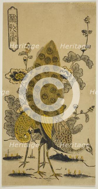 Hollyhocks and Peacocks (Aoi ni kujaku), early 1730s. Creator: Nishimura Shigenobu.