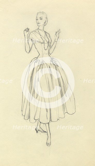 Woman in narrow-waisted dress, c1952. Creator: Shirley Markham.