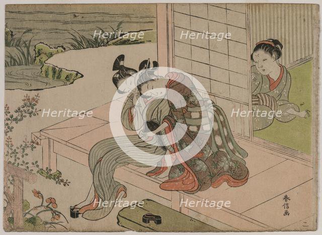 Woman Watching Young Couple Embrace on a Veranda, late 1760s. Creator: Suzuki Harunobu (Japanese, 1724-1770).