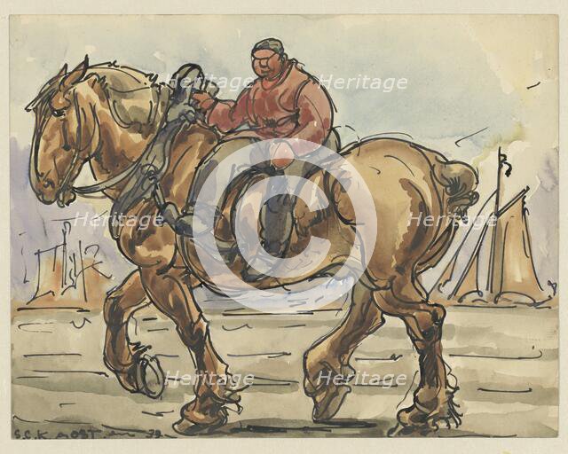 Man riding sidesaddle on a draft horse, 1939. Creator: Alfred Ost.