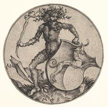 Shield with Greyhound Held by Wild Man, ca. 1435-1491. Creator: Martin Schongauer.