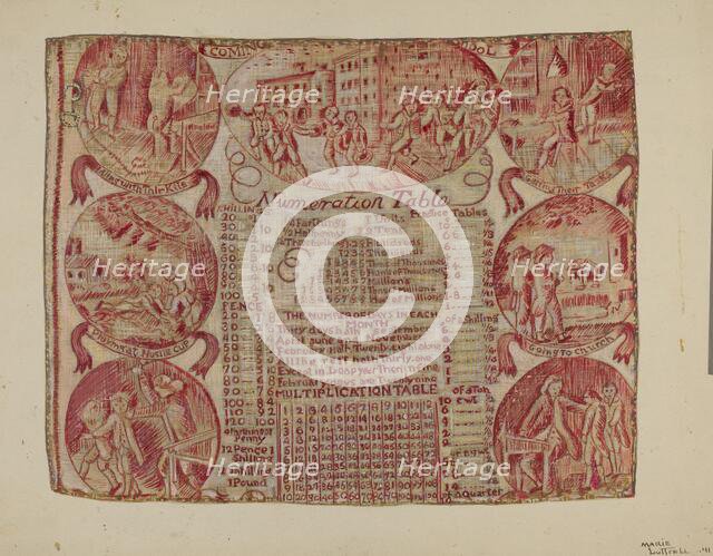 Cloth with Numeration Table, 1941. Creator: Marie Lutrell.