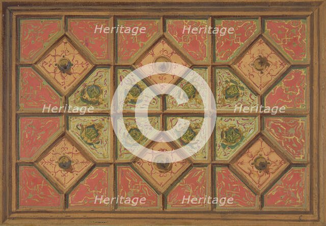 Design for the painted decoration of a coffered ceiling incorporating the initial: H, 1830-97. Creators: Jules-Edmond-Charles Lachaise, Eugène-Pierre Gourdet.