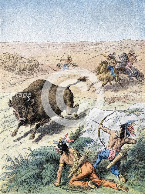 North American Indians hunting buffalo, c1870. Artist: Unknown