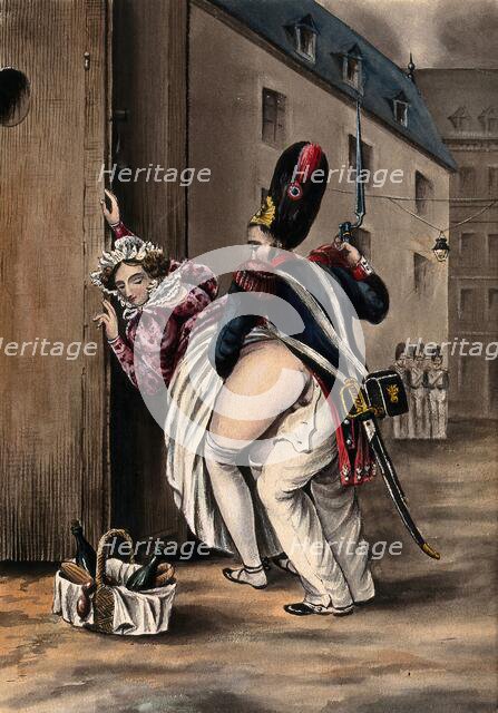 A grenadier and a woman having sexual intercourse outside a sentry box, she has laid her basket... Creator: Unknown.