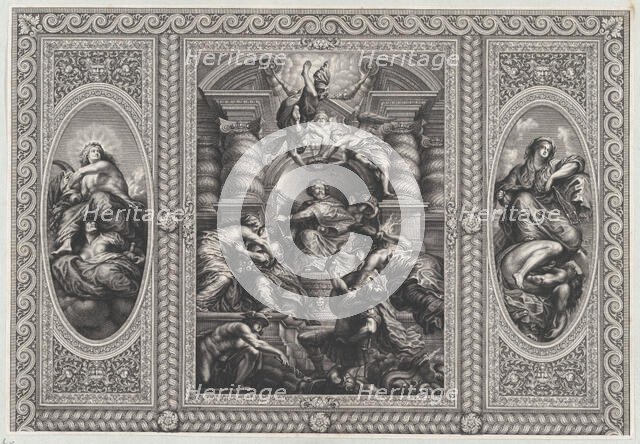 James I appointing Charles as King of Scotland at center, Minerva spearing Ignorance at ri..., 1720. Creator: Simon Gribelin.