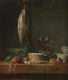 Still Life with Fish, Vegetables, Gougères, Pots, and Cruets on a Table, 1769. Creator: Jean-Simeon Chardin.