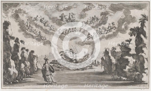 A woman in a chariot arrives at the ruins of a building as the Olympian gods look down fro..., 1668. Creator: Mathäus Küsel.