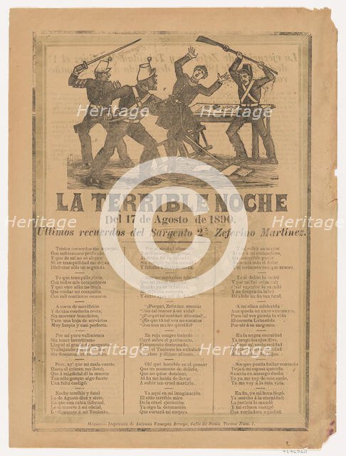 Broadsheet relating to the terrible events of 17 August 1890 when a a government official..., 1890. Creator: José Guadalupe Posada.