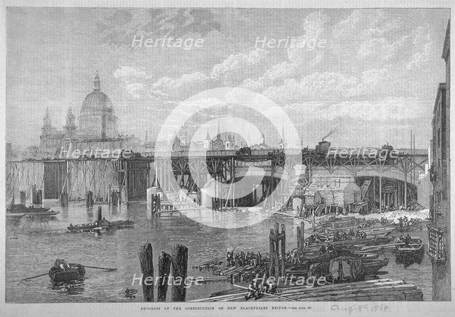 Construction work being carried out on Blackfriars Bridge, London, 1868. Artist: Anon