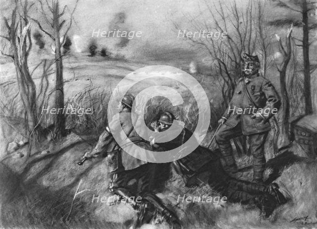 'Devant Douamont; Le general B. et deux commandants, officiers de liaison, le tir de..., 1916. Creator: Lucien Jonas.