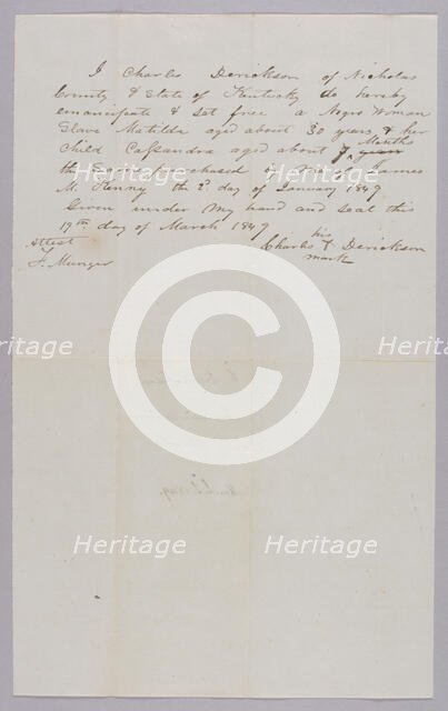 Manumission paper for Matilda and Cassandra Derickson, 1849. Creator: Unknown.