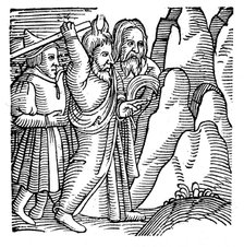 Moses striking the rock in the wilderness and producing water, 1557. Artist: Unknown