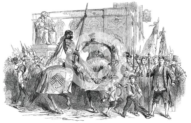 Lichfield "Greenhill Bower" on Whit-Monday - the Procession passing the Statue of Dr. Johnson, 1850. Creator: Unknown.