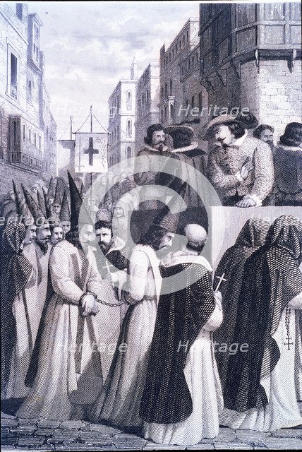 Driving prisoners sentenced by the Court of the Inquisition to an auto-da-fe, 1610, etching, 1860.