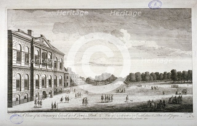 The Treasury and the canal in St James's Park, Westminster, London, 1755. Artist: John Smith