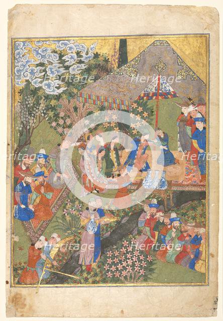 Royal Reception in a Landscape, right folio from a double-page frontispiece..., 1444. Creator: Unknown.