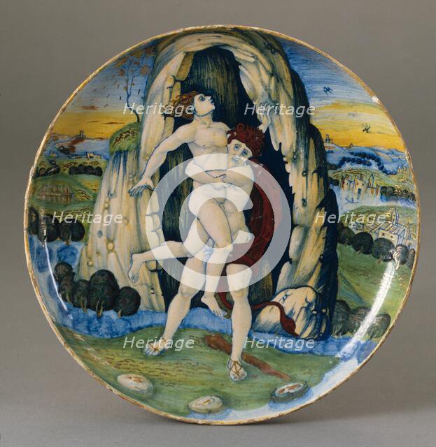 Shallow bowl with Hercules overcoming Antaeus, 1520. Creator: Giorgio Andreoli workshop.
