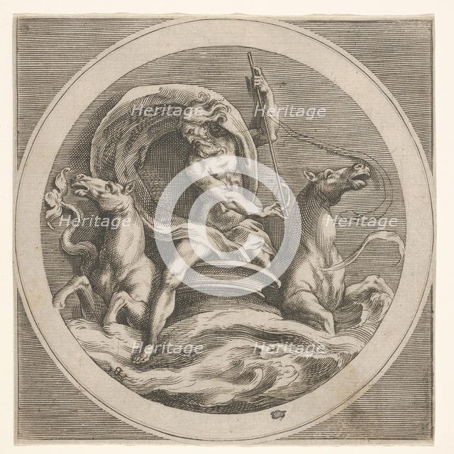 Neptune rising from the sea and bearing a staff, accompanied by two horse-headed ..., ca. 1550-1600. Creator: Unknown.