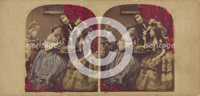 Parlor scene: woman seated at table, man standing at center, about 1860. Creator: Edward Anthony.