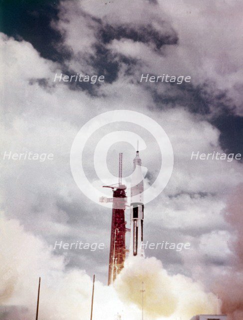 Saturn 1B lift off from Launch Complex 34, Kennedy Space Center, Florida, USA, 1960s. Creator: NASA.
