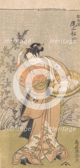 The Actor Onoya Matsusuke, in Female Robe of O-Kane, Adjusts the Comb in His Hair, 17..., 1735-1785. Creator: Torii Kiyomitsu.