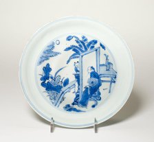 Plate with Scholar and Attendant in Garden, Qing dynasty (1644-1911), Kangxi period (1662-1722). Creator: Unknown.