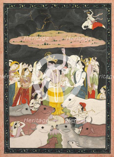 Krishna Lifting Mt. Govardhana, c. 1780-1790. Creator: Unknown.