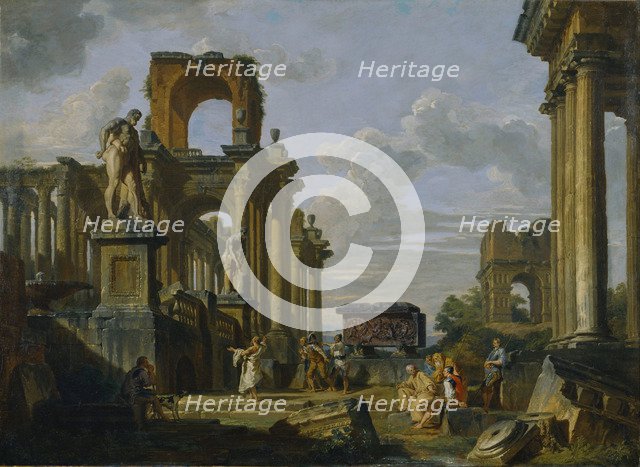 Architectural Capriccio of the Roman Forum with Philosophers and Soldiers among Ancient Ruins. Artist: Panini, Giovanni Paolo (1691-1765)