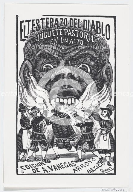 A demon breathing fire and people running around in the foreground, illustration ..., ca. 1880-1910. Creator: José Guadalupe Posada.