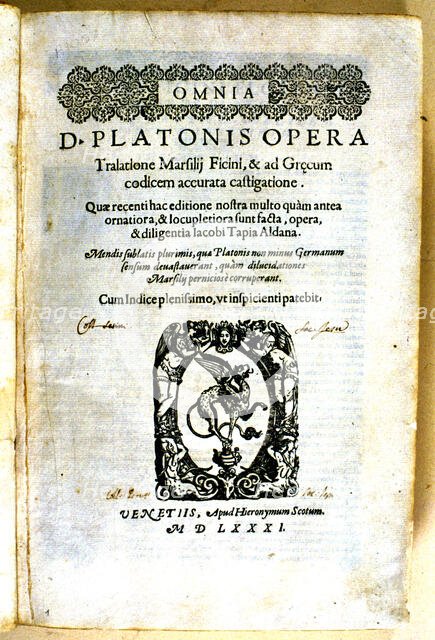 Cover of the work 'Omnia de Platonis opera Tralationes e Marsilii Ficini ad Graecum',  1581. Creator: Unknown.