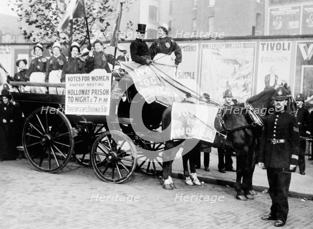 Ex-suffragette prisoners, advertise a 'protest meeting' to be held outside Holloway Gaol, 1908. Artist: Unknown