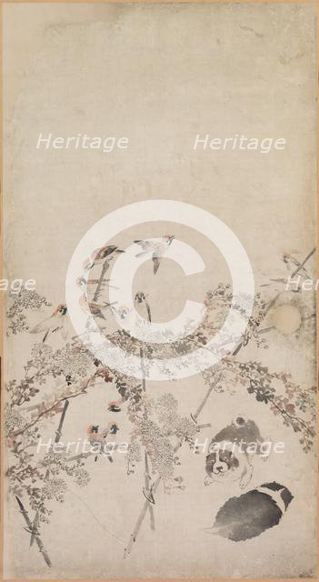 Puppies, Sparrows and Chrysanthemums, 1754-1799. Creator: Nagasawa Rosetsu (Japanese, 1754-1799).