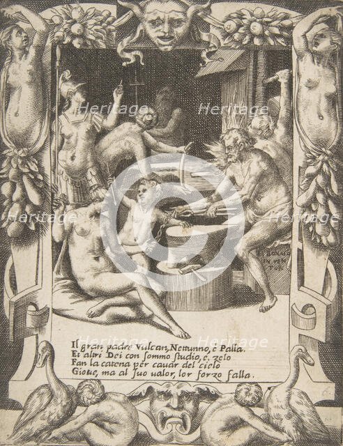 Vulcan, Neptune, Athena and other Gods making Shackles to pull Jupiter from the Heavens..., 1531-76. Creator: Giulio Bonasone.