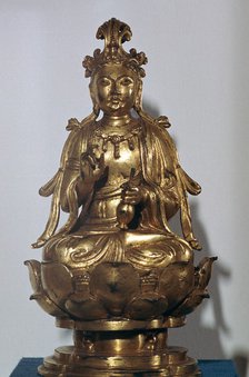 A gilt-bronze statuette of a Bodhisattva on a lotus leaf, 10th century. Artist: Unknown