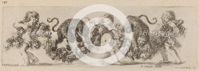Two Leopards Jumping a Festoon Supported by Children, probably 1648. Creator: Stefano della Bella.