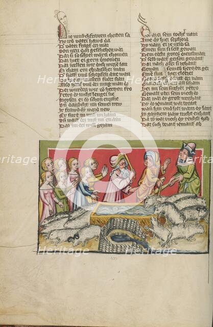 Moses Driving Away the Shepherds at the Well in Midian; Weltchronik, about 1400-1410. Creator: Unknown.