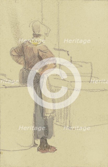 A woman, seen from behind with her hands on her hips, waits at a well until her tub is full, c1840s. Creator: Jakob Dielmann.